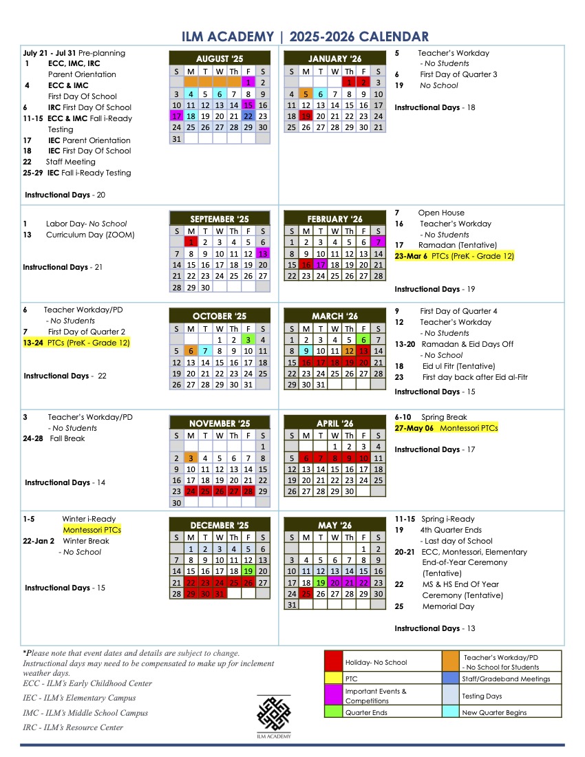 ILM Academy 25-26 Calendar